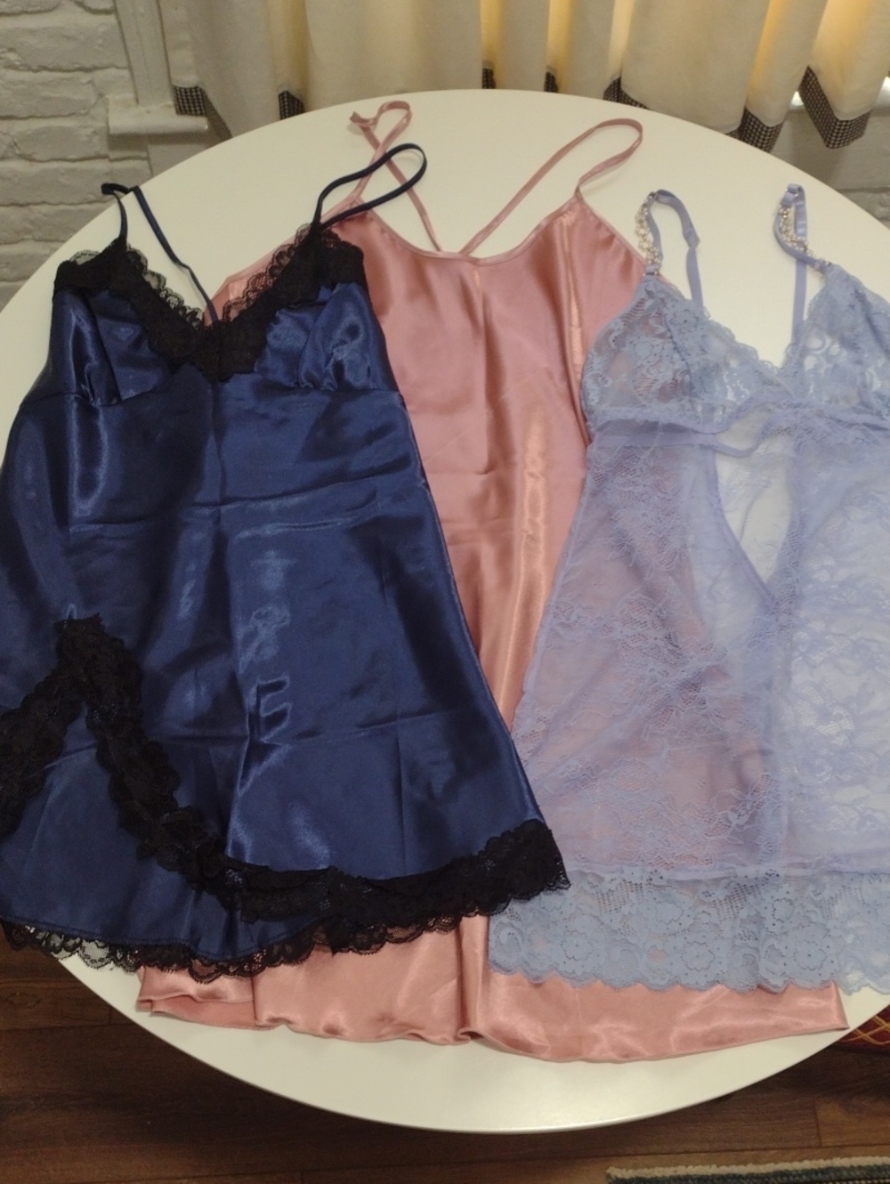 Bundle Set of 3 Satin & Lace Chemise Slip Nightdress - Pink, Navy & Lavender NEW